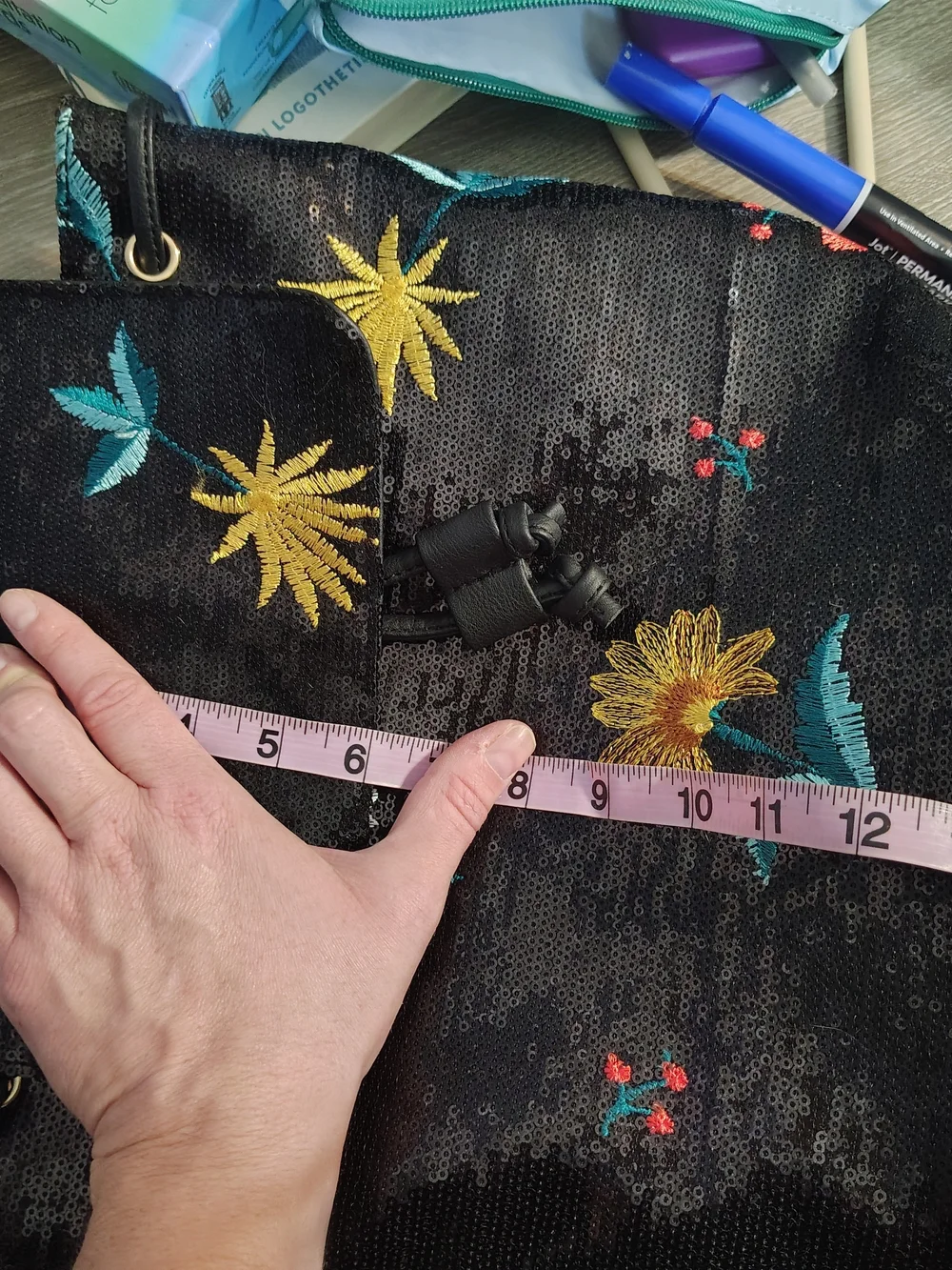NWT Karma Women Black Sequin Floral Embroidered Backpack